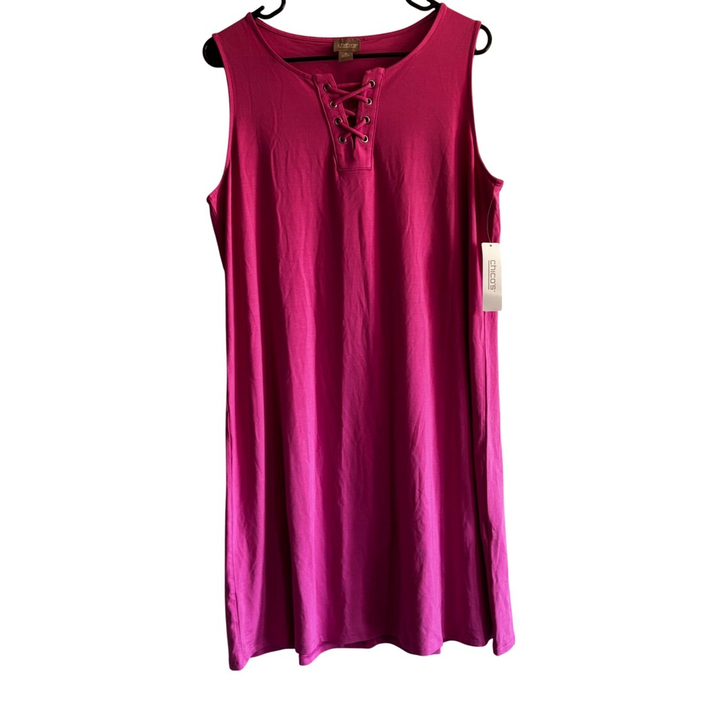 NEW Chico's Pink Lace Up Knee Sun Dress Sleeveless Size 2 L/XL Resortwear Beach